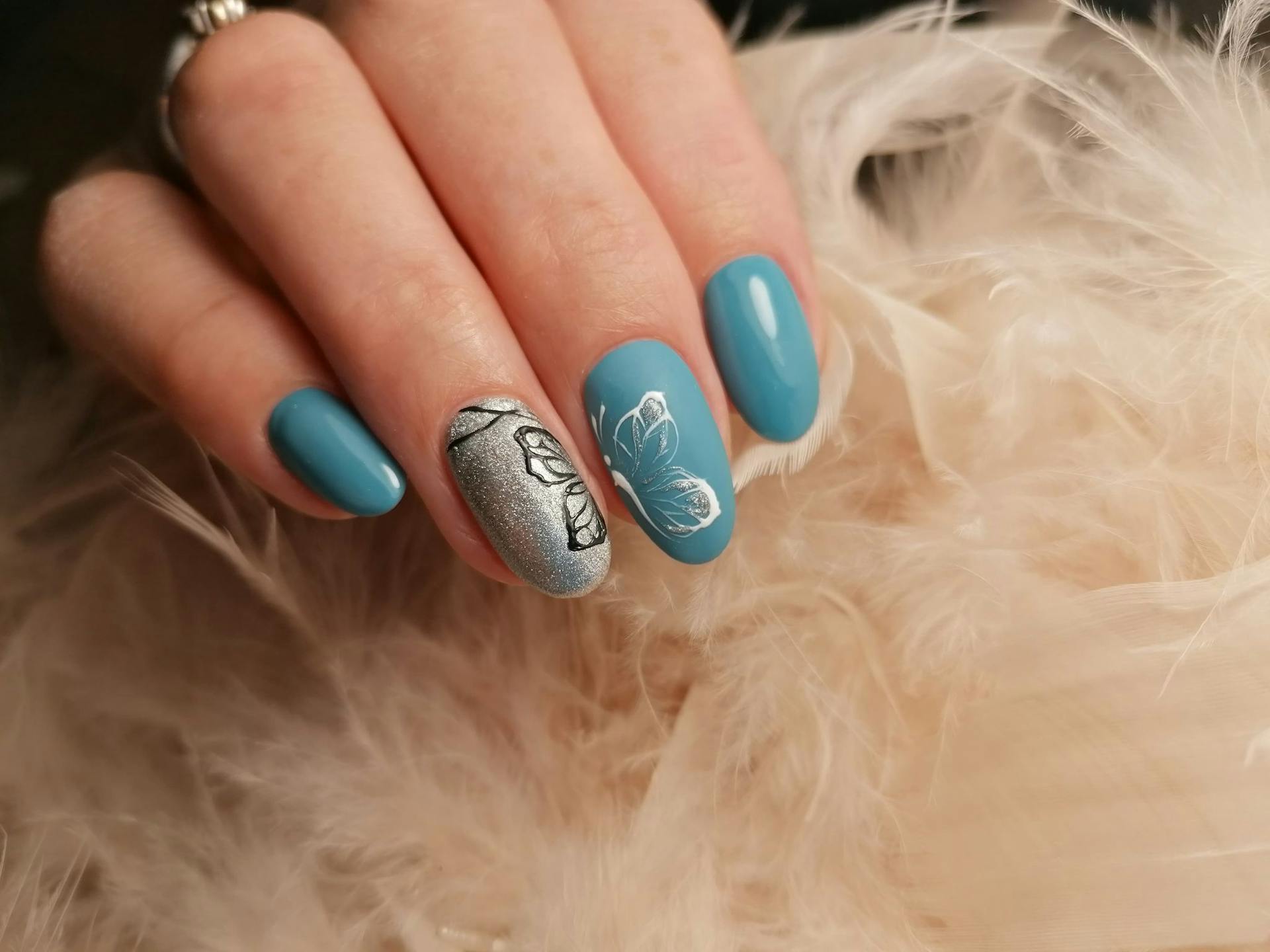 almond/ Blue and silver / butterfly design/ gel extensions 